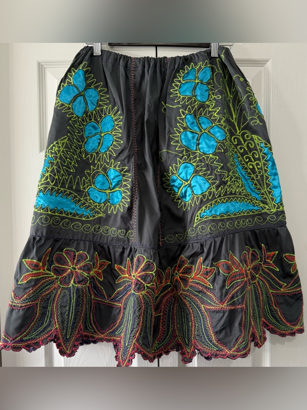 Handmade Artisan Embroidered Folk Art Skirt Gray Neon Floral Wearable Art Boho